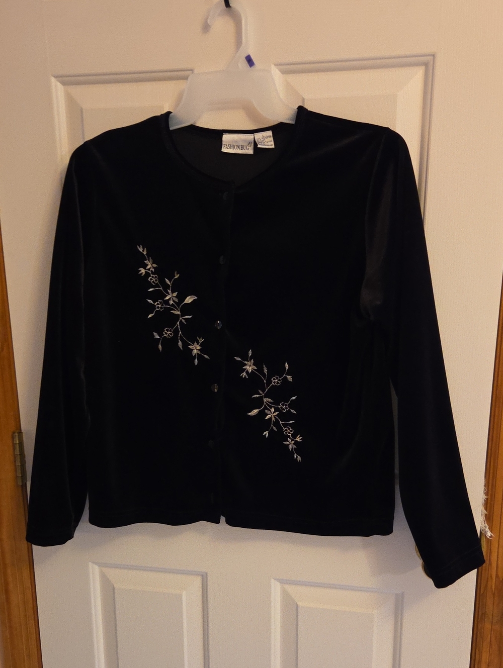 Fashion Bug Black Velvet Cardigan with Silver Floral Embroidery, Size L, Exc.
